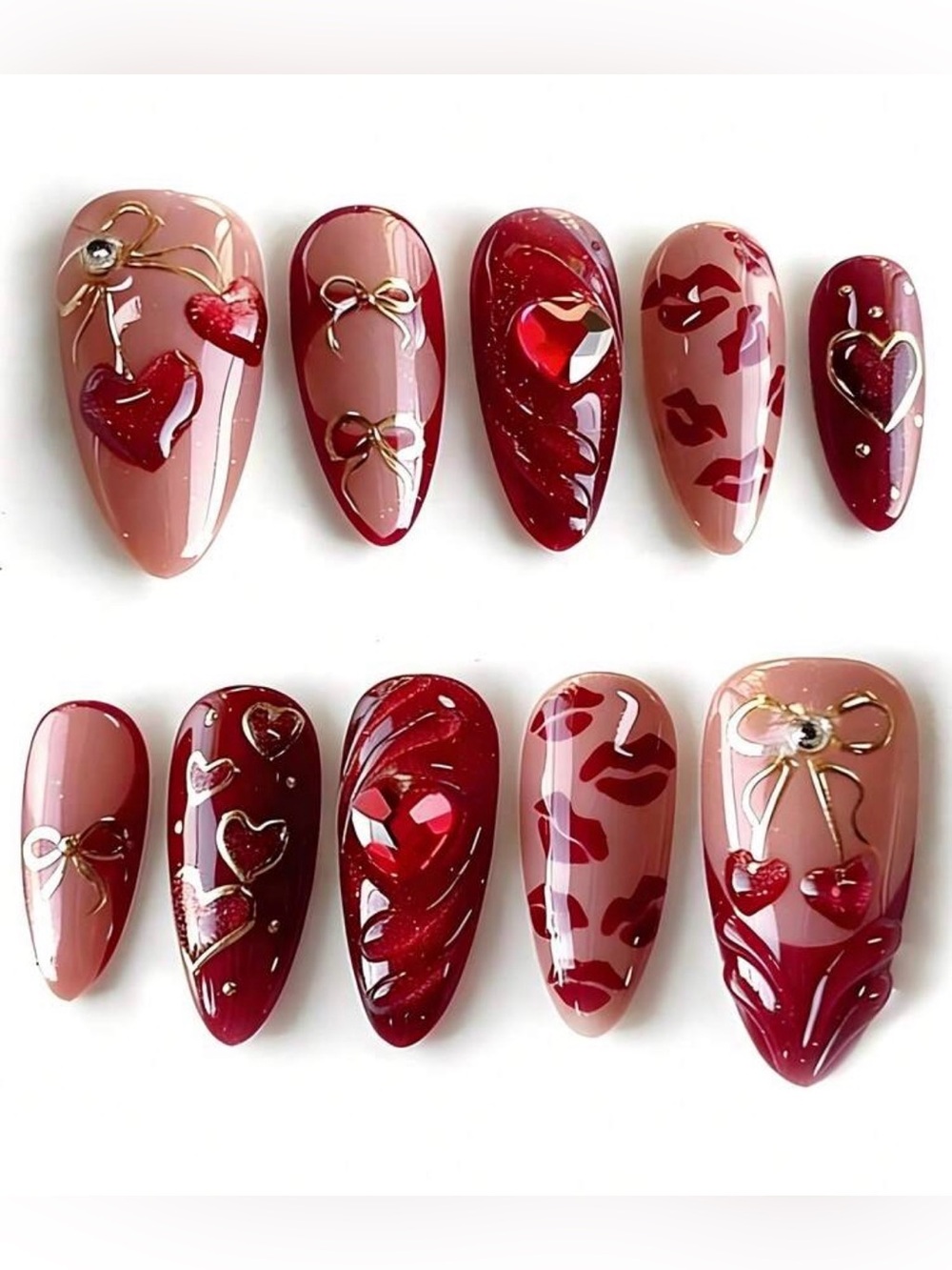 Romantic Red & Nude Heart Press-On Nails - Women's 10pc Pro Set sz Med